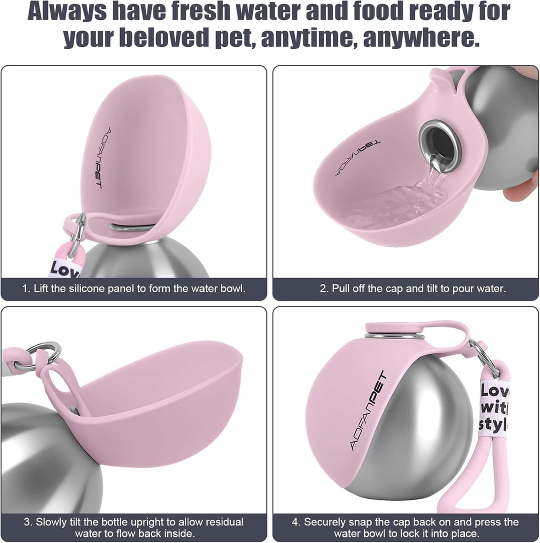 Portable Dog Water Bottle 10Oz Stainless Steel Travel Dog Water Dispenser with Bowl No-Spill Puppy Water Bottle for Walking Hiking Small Dog Water Bottle
