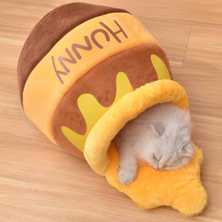 Honey Pot Cat Cave Bed, Soft and Thick Rebound Sponge Pet Nest with Removable &amp; Washable Cushion, Cute Cartoon Design for Small Cats and Breeds
