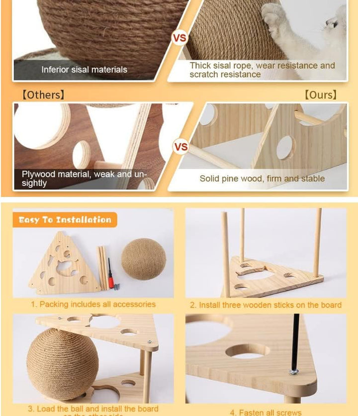 Cat Scratcher Toy,Natural Sisal Rope Cat Scratching Ball Scratcher Toy with Ball for Cats&amp; Kittens&amp;Dogs&amp;Puppy, Interactive Solid Wood Scratcher Pet Toy (Small)