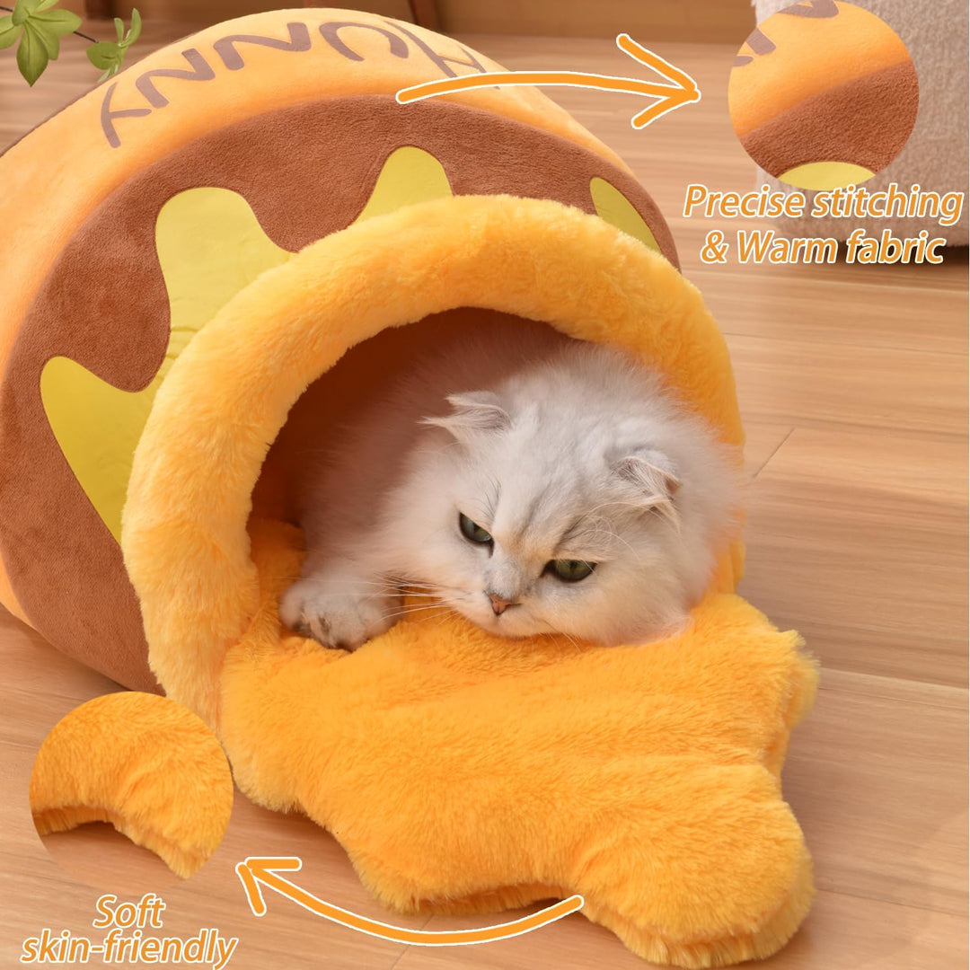 Honey Pot Cat Cave Bed, Soft and Thick Rebound Sponge Pet Nest with Removable &amp; Washable Cushion, Cute Cartoon Design for Small Cats and Breeds