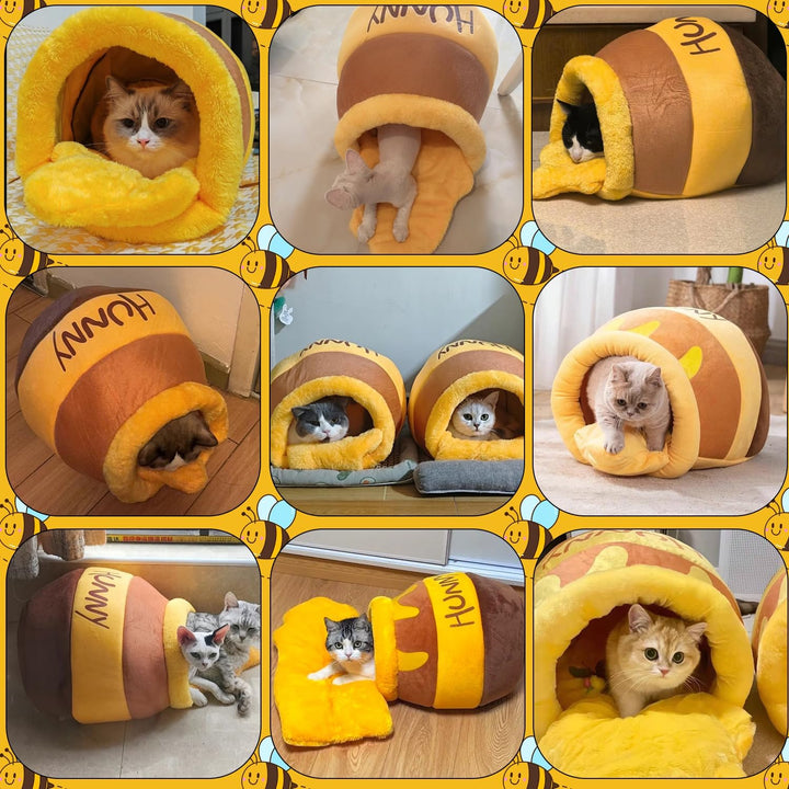 Honey Pot Cat Cave Bed, Soft and Thick Rebound Sponge Pet Nest with Removable &amp; Washable Cushion, Cute Cartoon Design for Small Cats and Breeds